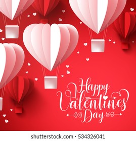 Happy valentines day  greetings with paper cut heart shape balloons flying and hearts elements in red background. 3D realistic vector illustration design.
