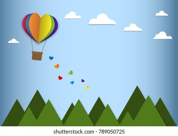 Happy valentines day greetings with paper cut heart shape rainbow balloons flying and hearts elements in blue background. hearts falling. 3D realistic vector illustration design. LGBT love