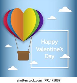 Happy valentines day greetings with paper cut heart shape rainbow balloon flying and hearts elements in blue background. 3D realistic vector illustration design. LGBT love