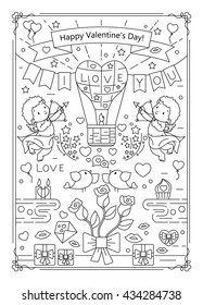 Happy Valentine's Day greetings poster. Thin line icon.