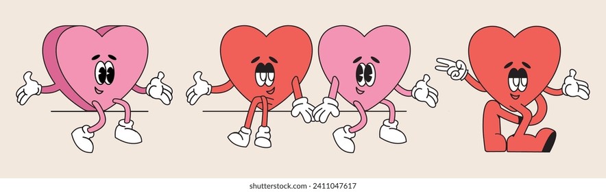 Happy Valentine's Day. Groovy retro mascot happy hearts characters set. Trendy retro 60s 70s style emoji. Y2K aesthetic. Romantic vector Hippie happy hearts in cartoon style isolated on background