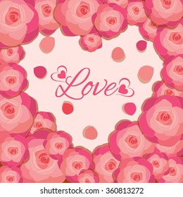 Happy Valentines day with the group of vector pink roses leaving the negative space in heart shape