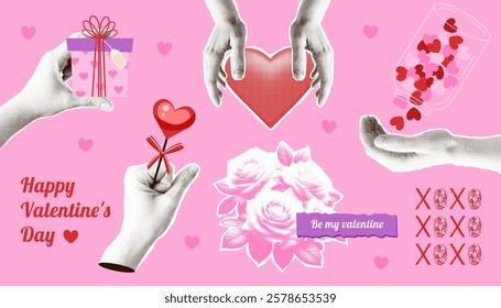 Happy Valentines Day Halftone style paper torn out collage elements set. Creative Hands person with heart, gift box, romantic jar. Bouquet roses. Vector illustration collection