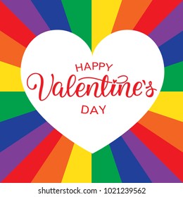 Happy Valentines Day Hand Drawing Vector Lettering design on rainbow sunshine background.