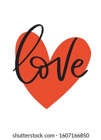 Happy Valentines Day Hand Drawing Lettering design. Card with Red heart. Vector illustration