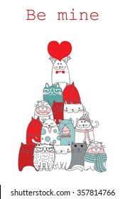 HAPPY VALENTINE'S DAY hand drawing card with cute doodle cats
