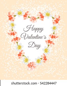 Happy Valentines Day Hand Drawing Vector Lettering design with  hibiscus, plumeria. Heart shape. Perfect for wallpapers, web page backgrounds, surface textures, textile, cards.