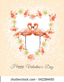 Happy Valentines Day Hand Drawing Vector Lettering design with flamingo, hibiscus, plumeria. Perfect for wallpapers, web page backgrounds, surface textures, textile, cards.