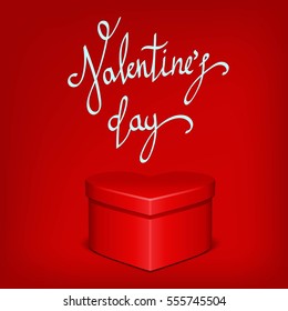 Happy Valentines Day Hand Drawing Vector Lettering design. Gift red box. Red background. Vector illustration.