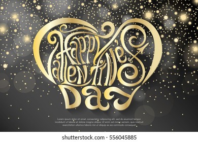 Happy Valentines Day hand drawing lettering design. Golden on abstract shiny yellow and white sparkles and flares background. Vector illustration