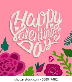 Happy Valentines Day Hand Drawing Vector Lettering design. lettering heart-shaped Valentine's Day with a pink background.
with flowers.