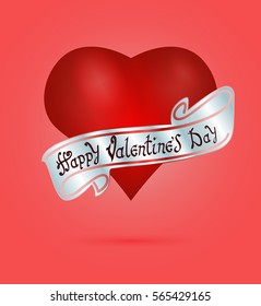 Happy Valentine's day. Hand Drawing Vector Lettering design. The inscription on the silver ribbon. On realistic red heart background. Concept for congratulations card.