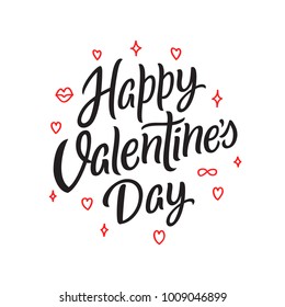 Happy Valentines Day Hand Drawn Quote For Poster Or Post Card. Kiss, Heart, Stars Decorations. Script Style Lettering For Valentine Holiday. Cute Pretty Vector Illustration For Valentines Love Gift