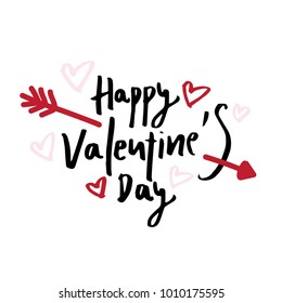 Happy valentine's Day hand drawn  text with arrow and heart shape illustration on white background