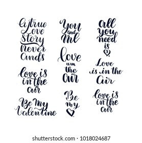 Happy Valentine's Day hand drawn brush lettering, isolated on background. Vector illustration set card. 