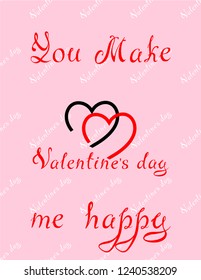 Happy Valentine's Day hand drawn brush lettering with long shadow, isolated on rich red background. Perfect for holiday flat design. Vector illustration.