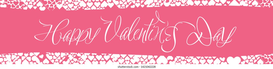 Happy Valentine`s Day - hand drawn calligraphy on pink background. Flat vector illustration for cards, greetings, invitations, posters, flyers, banners, seasonal design and decoration, prints, web. 