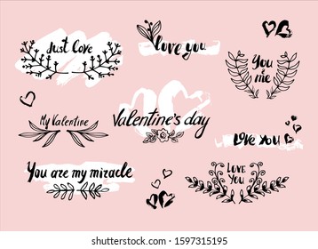 Happy Valentine's day. Hand drawn brush pen lettering. For holiday greeting card and invitation of the wedding, Valentine's day and Happy love day. Romantic phrases about love.