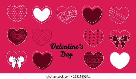 Happy Valentine's Day. Hand drawn vector modern pink hearts set, with different elements like dots and dashes. Vector Illustration.