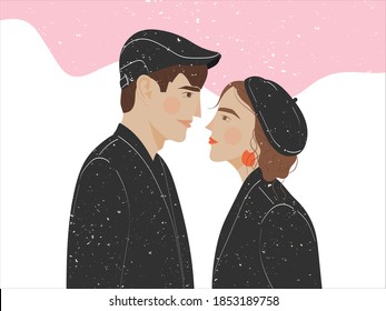 Happy Valentine's Day. Hand drawn about portrait of young man and woman looking at each other in the snow. Happy adorable couple in love. Pair of romantic partners on date. Flat vector illustration