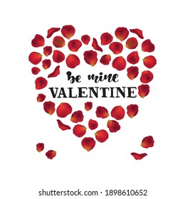 Happy Valentine's day hand drawn lettering with heart shaped rose petals. Vector illustration. Design for flyers, invitation, posters, brochure, banners.