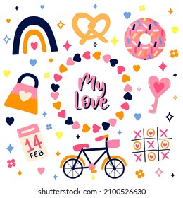 Happy valentine's day hand drawn elements bright set. Holiday collection with hearts, flowers, sweets, donut and bike for greeting card, banner and other designs.