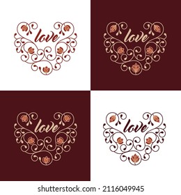 Happy Valentine's Day hand drawn hearts. Elegant luxury floral monogram template for birthday, Mother's Day, March 8, wedding. Vector illustration.