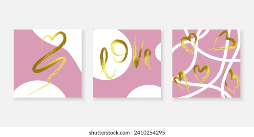 Happy Valentine's Day. Hand drawn set of templates with golden hearts. Trendy backgrounds design for covers, greetings, holidays, posters, cards, sales, promotions. Vector.