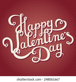 Happy Valentine's Day Hand Drawn Lettering  greeting card template. Vintage poster with seamless pattern of hearts background in red and white colors
