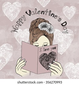 Happy Valentine's Day - hand drawn girl reading Valentine's card