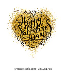 Happy valentine's day. Hand drawn vintage lettering on golden heart. Vector illustration.