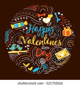 Happy Valentines Day hand drawn cute card. Modern round ornament greeting. color Vector illustration