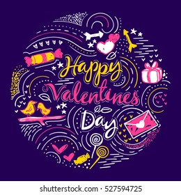 Happy Valentines Day hand drawn bright purple cute card. Attractive modern round ornament greeting. color Vector illustration.