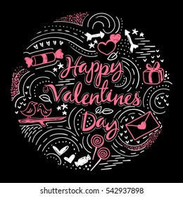 Happy Valentines Day hand drawn cute card. Modern round ornament greeting. color Vector illustration