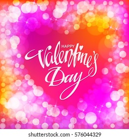 Happy Valentines day Hand Drawn lettering. Abstract background with bokeh, blur and shine effect. Valentines Day greeting card design. Handwritten calligraphy text on red heart. Vector illustration