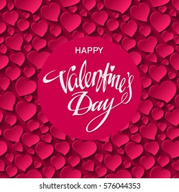Happy Valentines day Hand Drawn lettering. Abstract background with bokeh, blur and shine effect. Valentines Day greeting card design. Handwritten calligraphy text on red heart. Vector illustration