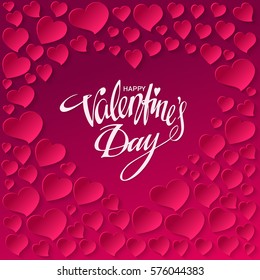 Happy Valentines day Hand Drawn lettering. Abstract background pink hearts. Handwritten calligraphy text on red heart. Valentines Day greeting card design. 14 February concept. Vector illustration