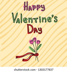 Happy Valentines Day hand drown card with a bouquet of tulips. Vector illustration