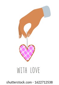 Happy Valentine's Day. Hand holding a gingerbread on a thread with icing in the shape of a heart. Isolated flat vector illustration on white background.