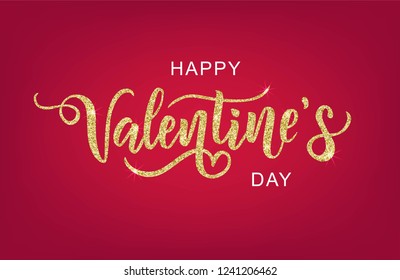 Happy Valentine's day hand lettering on red background. Vector. Romantic quote postcard, card, invitation, banner template. 