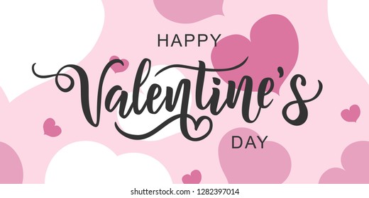 Happy Valentine's day hand lettering on pink background with hearts. Vector. Romantic quote postcard, card, invitation, banner template. 