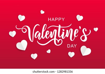 Happy Valentine's day hand lettering on red background with hearts. Vector. Romantic quote postcard, card, invitation, banner template. 