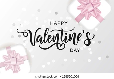 Happy Valentine's Day hand lettering typography with realistic looking gift boxes and confetti. Vector design for greeting cards, banner, poster template. Celebration illustration.