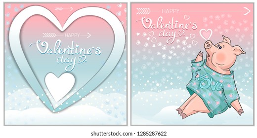 Happy Valentine's Day, hand lettering, decorative card with cute pig, hearts and arrows on pink-blue background.