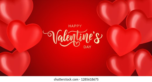 Happy Valentine's day hand lettering typography on red background. Vector. Romantic quote postcard, card, invitation, banner template. 