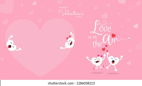 Happy Valentine's day hand lettering love is all around on pink background. Cute heart cartoon and romantic quote postcard, card, invitation, banner template.