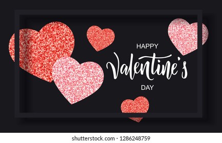 Happy Valentine's day hand lettering on black background with hearts. Vector. Romantic quote postcard, card, invitation, banner template. 