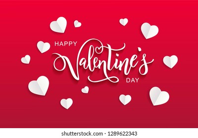 Happy Valentine's day hand lettering on red background with paper cut hearts. Vector typography. Romantic quote postcard, card, invitation, banner template. 