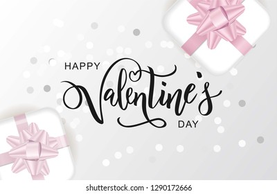 Happy Valentine's day hand lettering with realistic looking gifts. Vector typography. Romantic quote postcard, card, invitation, banner template. 