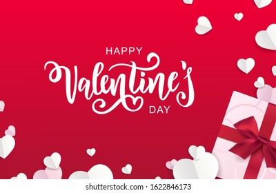 Happy Valentine's Day hand lettering typography with realistic looking gift box and paper hearts. Vector design for greeting cards, banner, poster template. Celebration illustration.